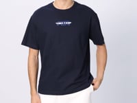Navy Blue Textured Thick Surface Cotton Oversize Fit Printed Men's T-Shirt - 88372