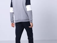 Grey Melange - Navy Blue High Collar Color Gradient Fleece Lined Men's Tracksuit Set - 85186