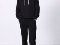 Black Hooded Kangaroo Pocket Oversize Elastic Cuff Women's Tracksuit Set - 95288