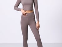 Khaki High Waist Long Sleeve Slim Fit Crop Top Women's Tights Set - 95286