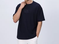 Navy Blue Textured Thick Surface Cotton Oversize Fit Printed Men's T-Shirt - 88336