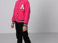 Fuchsia Thick Soft Textured Standard Fit Embroidered Fleece Girls' College Jacket - 75156