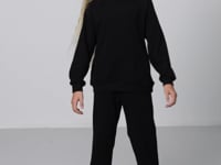 Black Cotton Fleece-Lined Soft Textured Standard Fit Embroidered Girls' Tracksuit Set - 75162