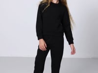 Black Cotton Fleece-Lined Soft Textured Oversize Embroidered Girls' Tracksuit Set - 75145