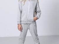 Grey Melange Cotton Lined Fleece Soft Textured Standard Fit Embroidered Girl's Tracksuit Set - 75148