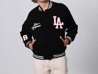 Black Thick Soft Textured Standard Fit Embroidered Fleece Boys' College Jacket - 11227
