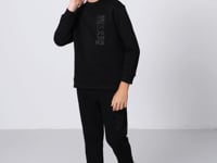 Black Cotton Thick Fleece-Lined Soft Textured Standard Fit Printed Boys' Tracksuit Set - 11233