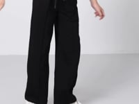 Black Striped Front Seam Detailed Wide Leg Girls' Tracksuit Bottom -75144