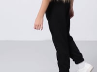 Black Cotton Lined Fleece Soft Textured Standard Fit Embroidered Girls' Tracksuit Bottom - 75158