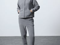 Grey Melange Thick Soft Textured Hooded Oversize Embroidered Fleece Women's Tracksuit Set -95338