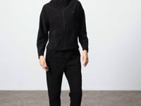 Black Thick Soft Textured Hooded Oversize Embroidered Fleece Women's Tracksuit Set -95338
