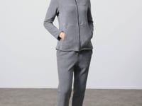 Grey Melange Thick Soft Textured High Collar Oversize Embroidered Fleece Women's Tracksuit Set -95339