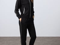Black Compact Cotton Thick Smooth Textured Stand Collar Oversize Fit Women's Tracksuit Set - 95340