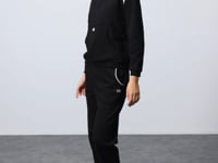 Black Compact Cotton Thick Smooth Textured Stand Collar Oversize Fit Women's Tracksuit Set - 95342