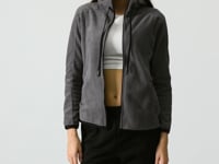 Dark Grey Thick Soft Textured Hooded Standard Fit Embroidered Fleece Women's Sweatshirt -97287