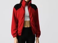 Red Thick Soft Textured Stand Collar Oversize Embroidered Fleece Women's Sweatshirt - 97293