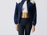 Navy Blue Thick Soft Textured Stand Collar Oversize Embroidered Fleece Women's Sweatshirt - 97293