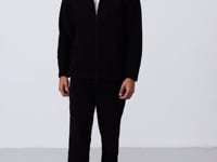 Black Straight Collar Basic Zippered Pocket Standard Fit Men's Polar Tracksuit Set - 85193