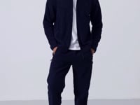 Navy Blue High Collar Basic Zippered Pocket Standard Fit Men's Fleece Tracksuit Set - 85193