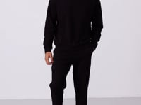 Black Compact Cotton Thick Smooth Textured O Collar Comfort Fit Men's Tracksuit Set -85263