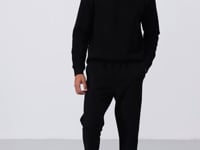 Black Cotton Thick Fleece-Lined Soft Textured Comfort Fit Embroidered Men's Tracksuit Set -85265