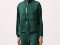 Green Soft Textured High Collar Oversize Cargo Pocket Women's Crop Top Sweatshirt - 97301