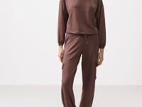Brown Soft Textured Stand Collar Hidden Zipper Oversize Women's Tracksuit Set - 95351