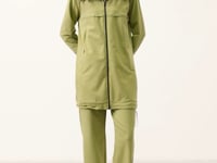 Olive Green Stand-Up Collar Zippered Cotton Women's Tracksuit Tunic Set - 95346