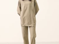 Dark Beige O Collar Basic Oversize Women's Tracksuit Tunic Set - 95347