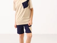 Beige-Navy Cotton Oversize Fit Weaving Lightweight Flexible Chino Boy Shorts Set - 11275