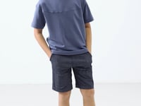 Dark blue-coated lacquered cotton oversize fit woven lightweight elastic Chino Shorts set - 11279