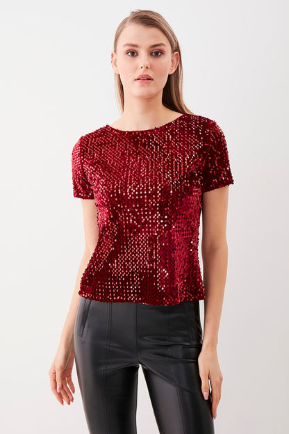 STAMP SEQUINED SHORT SLEEVE BLOUSE