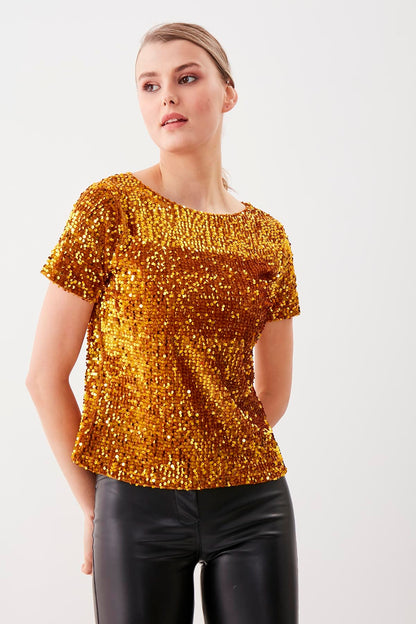 STAMP SEQUINED SHORT SLEEVE BLOUSE