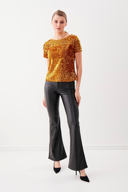 STAMP SEQUINED SHORT SLEEVE BLOUSE