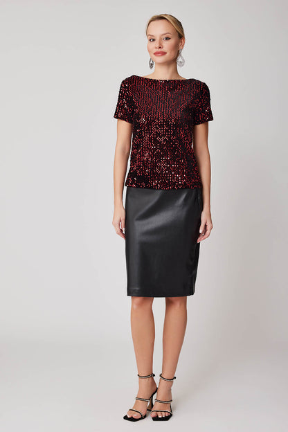 STAMP SEQUINED SHORT SLEEVE BLOUSE
