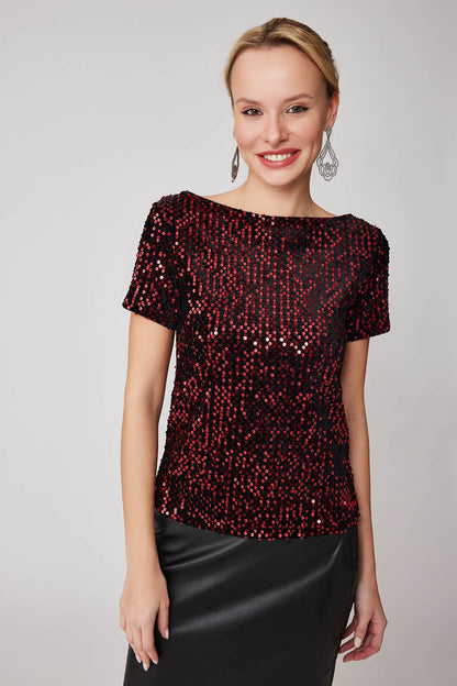 STAMP SEQUINED SHORT SLEEVE BLOUSE