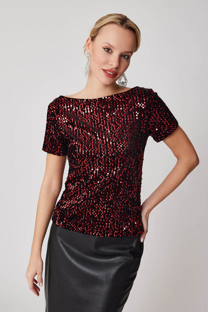 STAMP SEQUINED SHORT SLEEVE BLOUSE