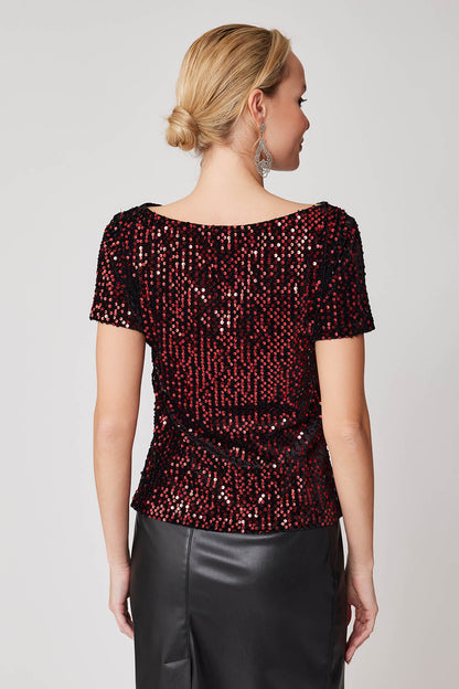 STAMP SEQUINED SHORT SLEEVE BLOUSE