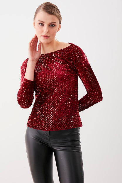 STAMP SEQUIN LONG SLEEVE BLOUSE