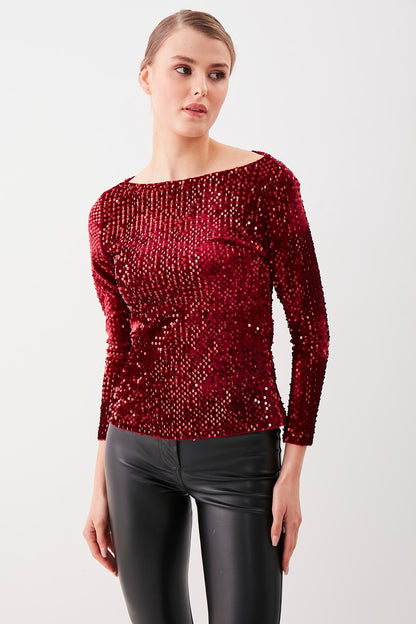 STAMP SEQUIN LONG SLEEVE BLOUSE