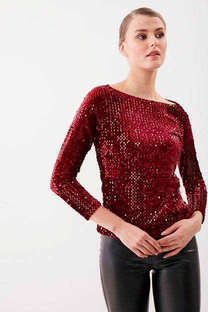 STAMP SEQUIN LONG SLEEVE BLOUSE