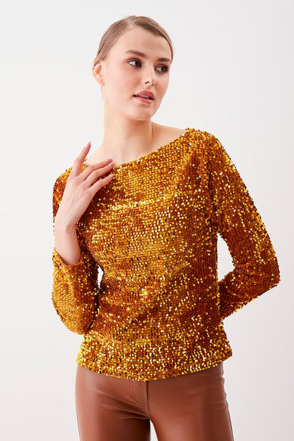 STAMP SEQUIN LONG SLEEVE BLOUSE