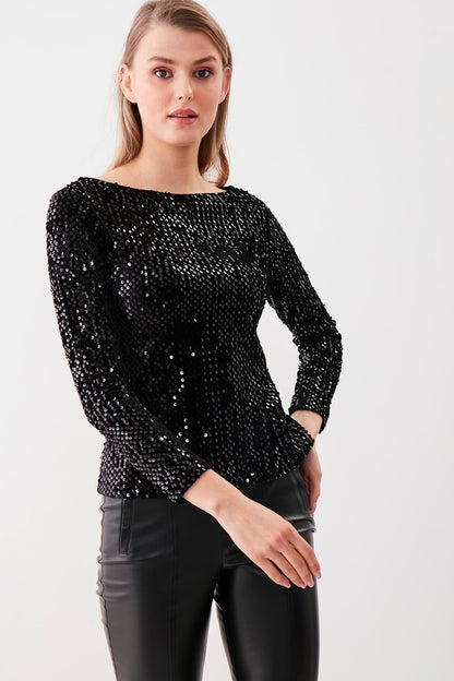STAMP SEQUIN LONG SLEEVE BLOUSE