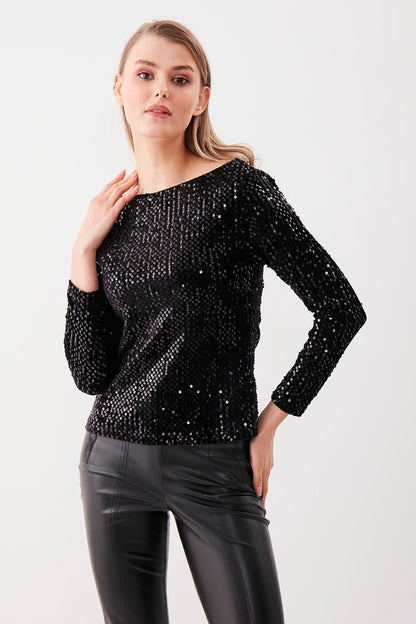 STAMP SEQUIN LONG SLEEVE BLOUSE