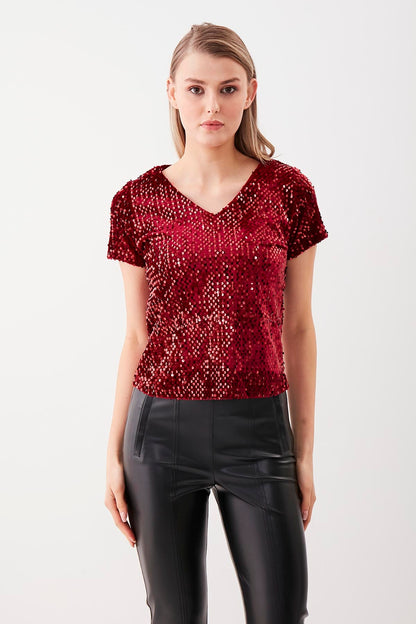 SEQUIN V COLLAR SHORT SLEEVE BLOUSE