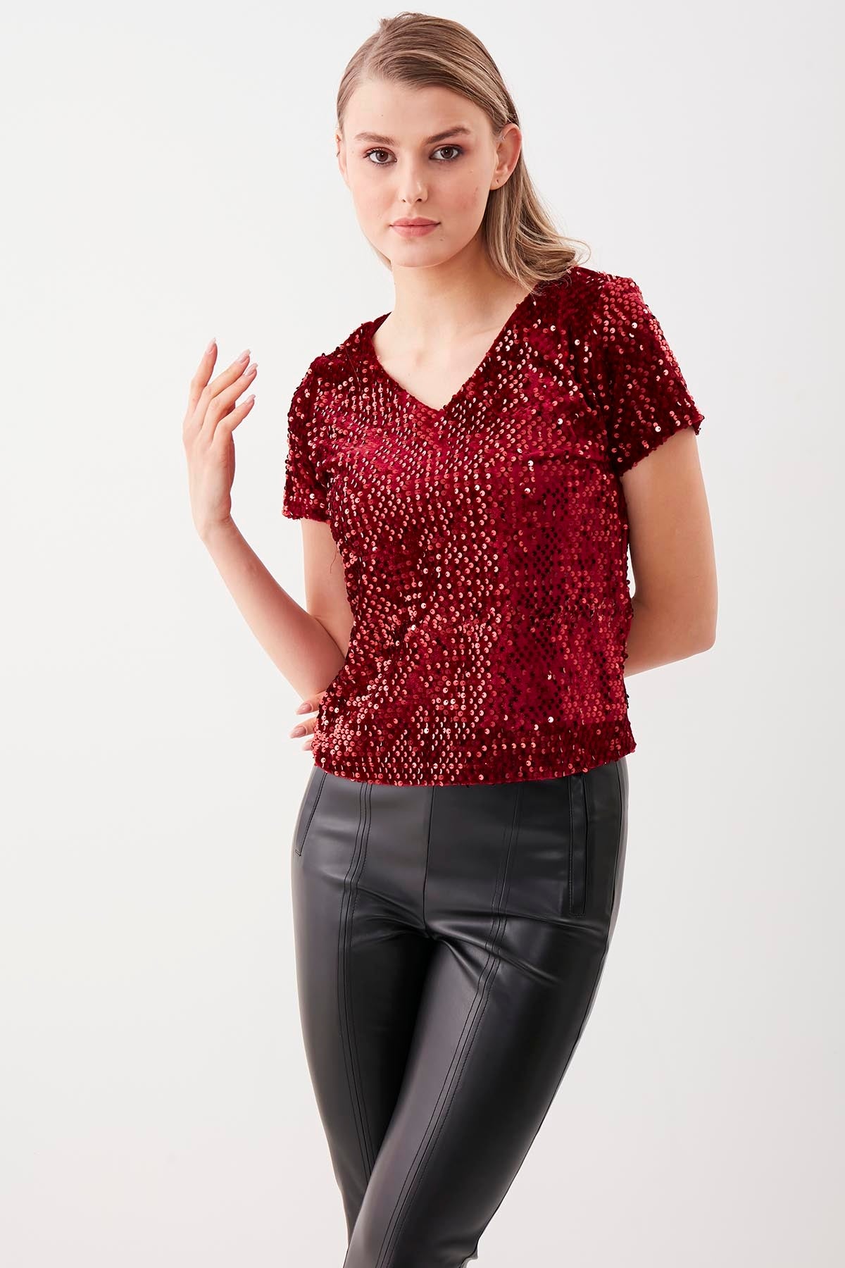SEQUIN V COLLAR SHORT SLEEVE BLOUSE