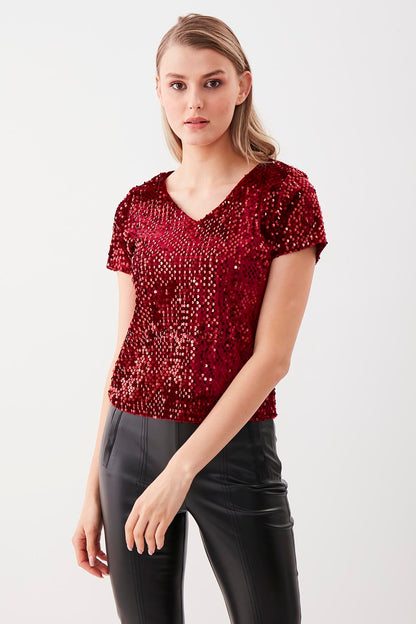 SEQUIN V COLLAR SHORT SLEEVE BLOUSE