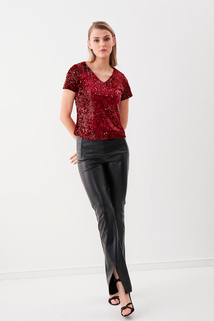 SEQUIN V COLLAR SHORT SLEEVE BLOUSE