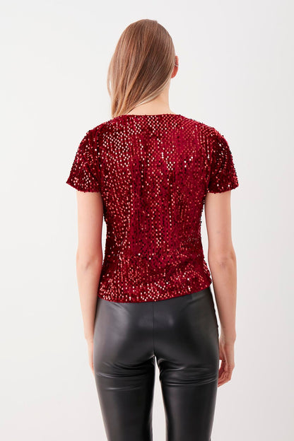 SEQUIN V COLLAR SHORT SLEEVE BLOUSE