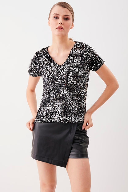 SEQUIN V COLLAR SHORT SLEEVE BLOUSE